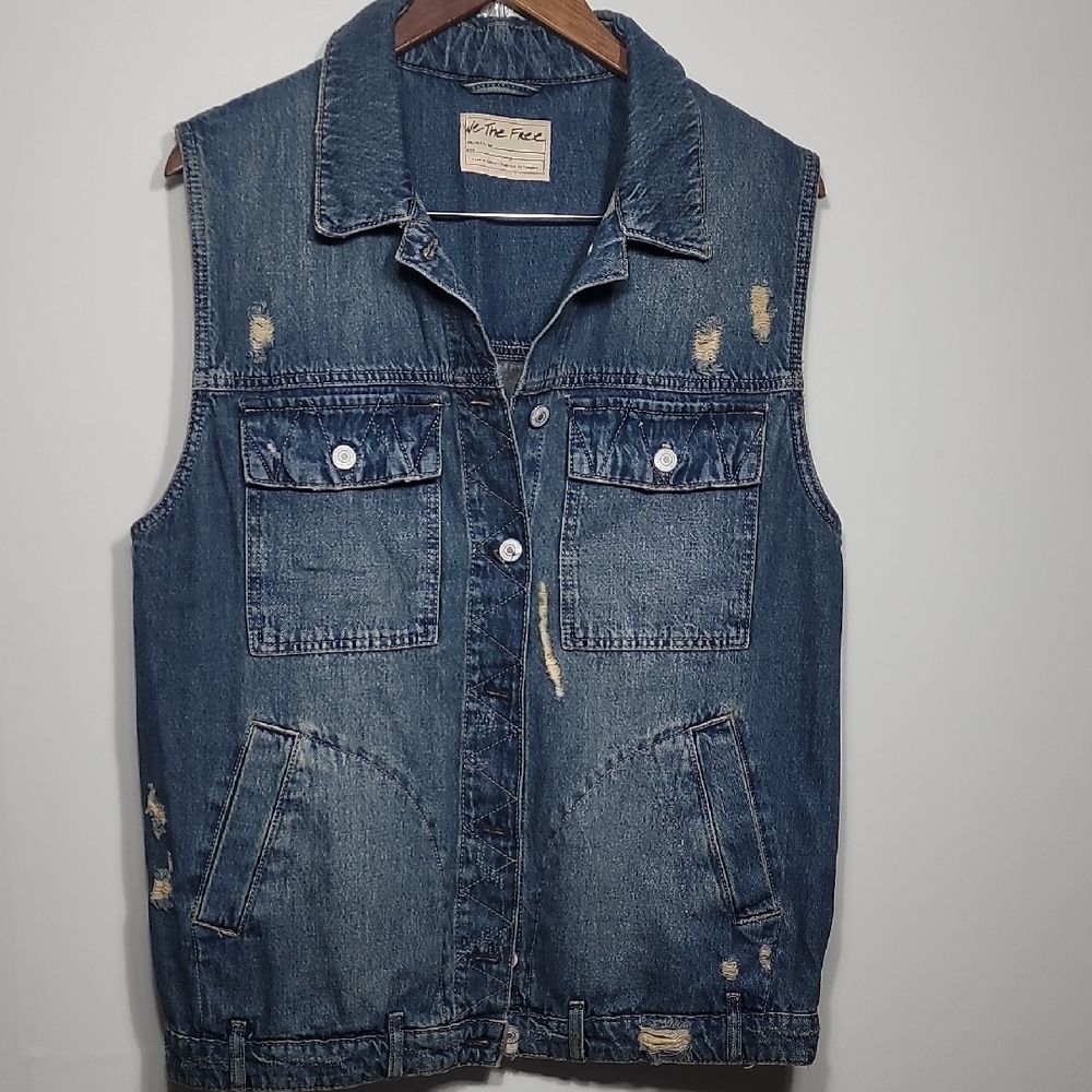 We The Free Free People Blue Distressed Denim Vest